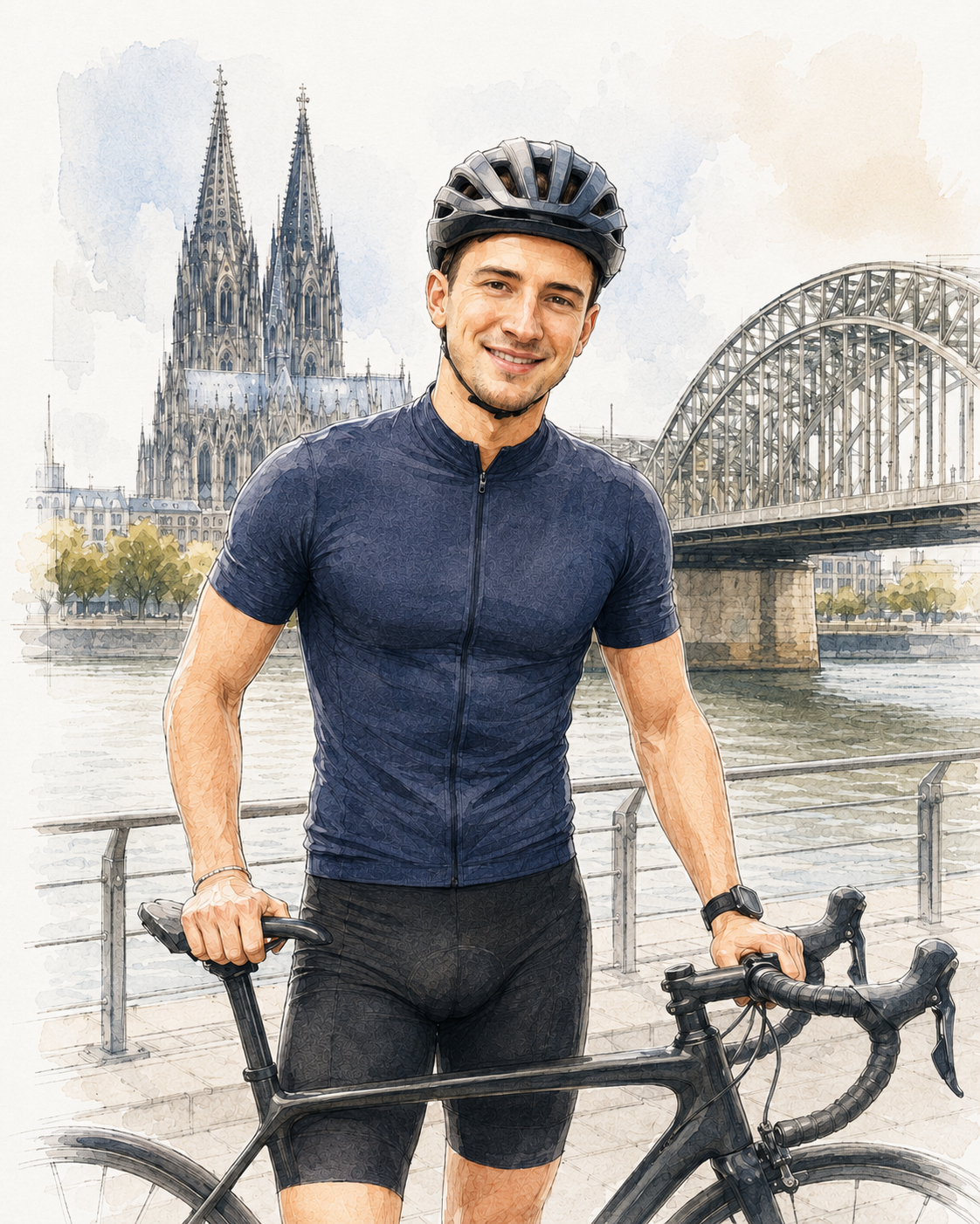 Nico Bützler mit Rennrad vor dem Kölner Dom